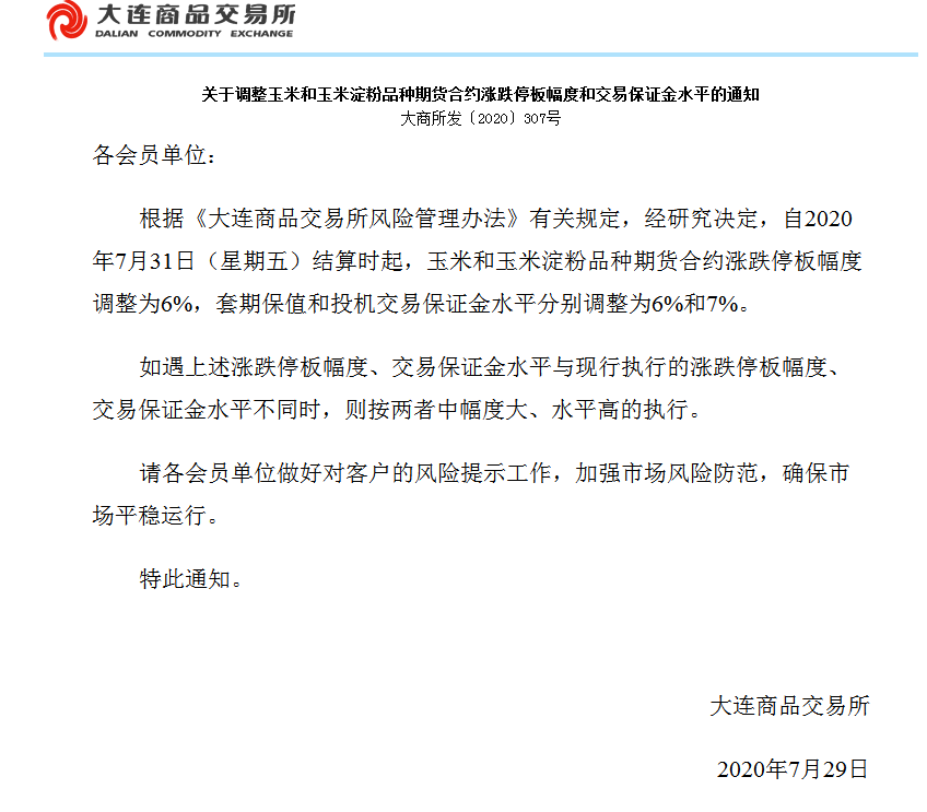 【轉發】關于調整玉米和玉米淀粉品種期貨合約漲跌停板幅度和交易保證金水平的通知